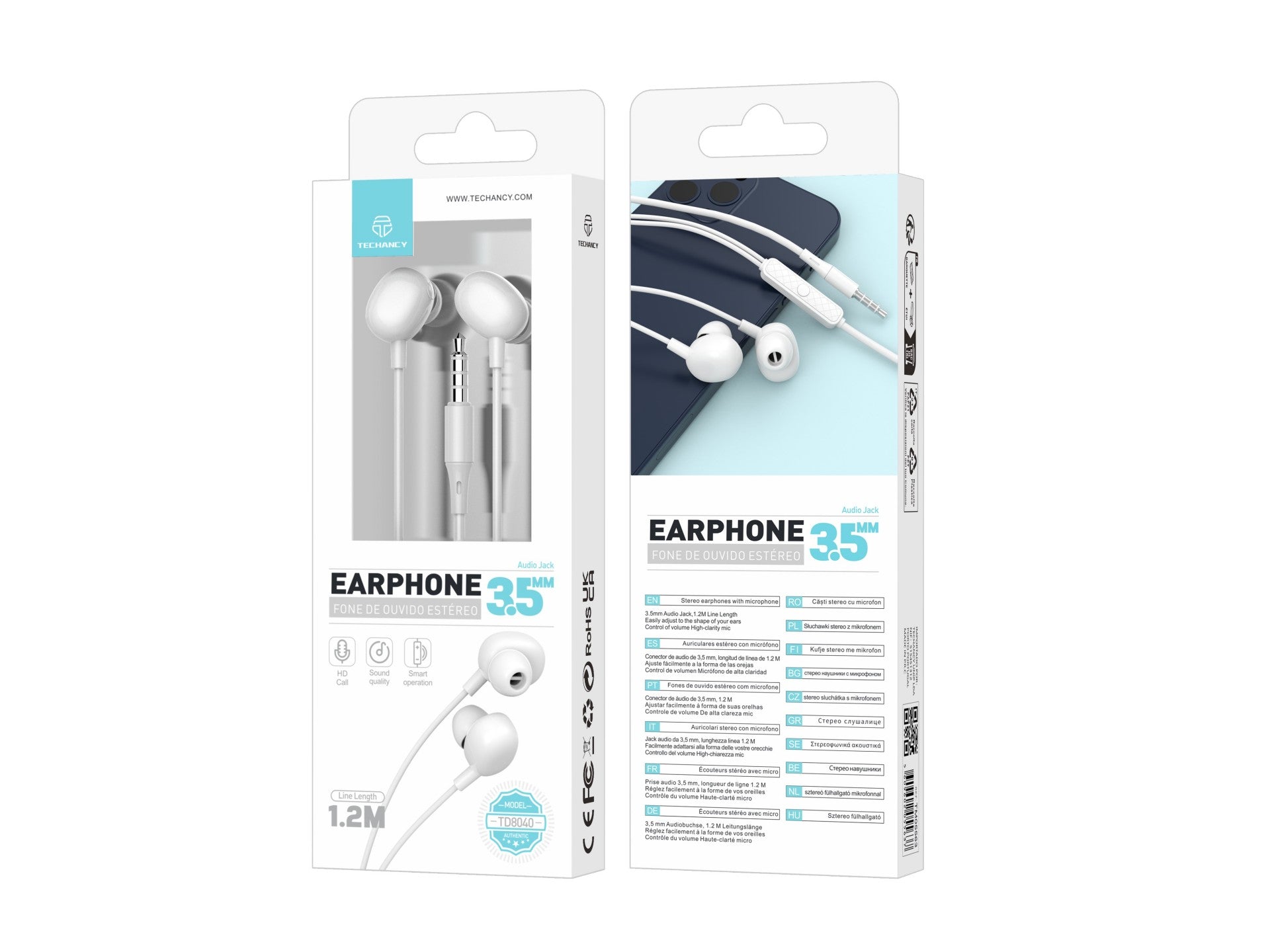 Audífonos Intrauriculares con Cable Techancy TD8040 – Blancos 3.5mm con Micrófono