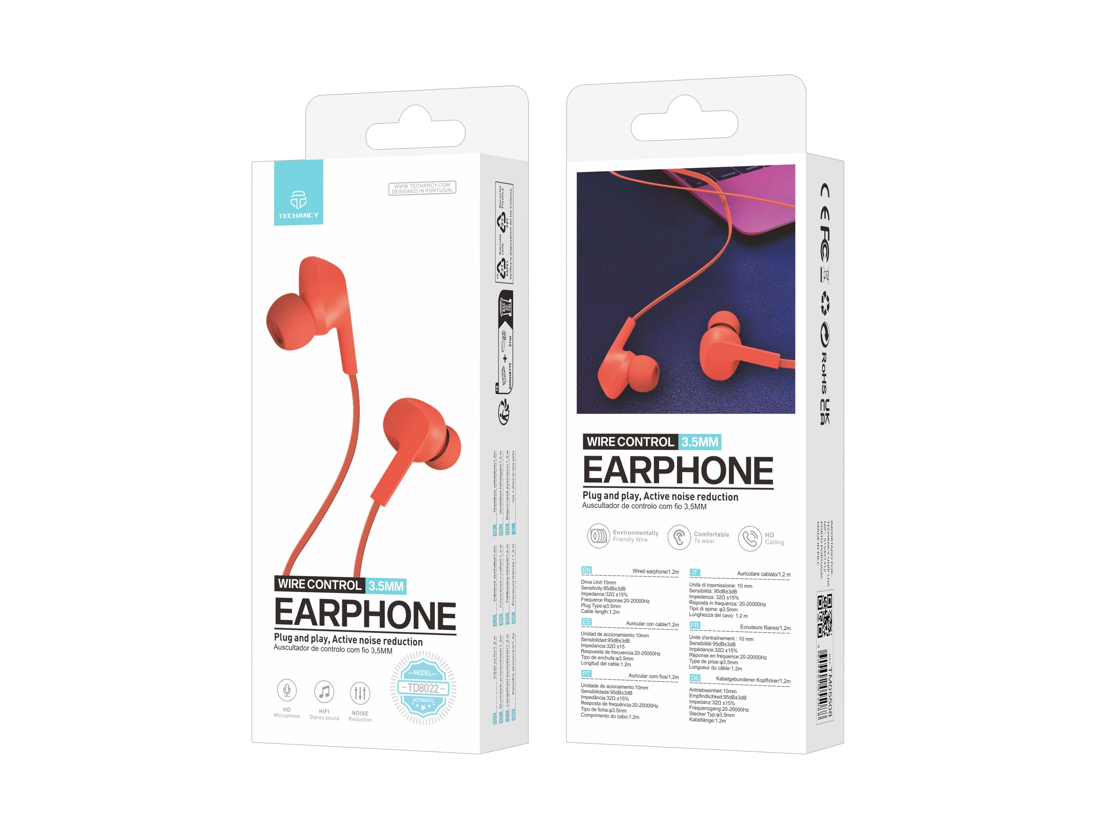 Techancy Audífonos Intrauriculares con Cable Naranja TD8022 – Micrófono Integrado, 3.5mm, Compatible con Smartphones y Tablets