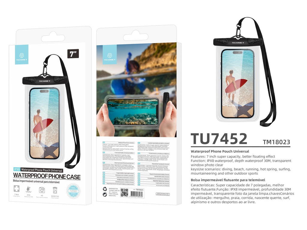 Techancy Funda Impermeable para Smartphone TU7451 – 7 Pulgadas, IPX8, Fotos Nítidas, Negro