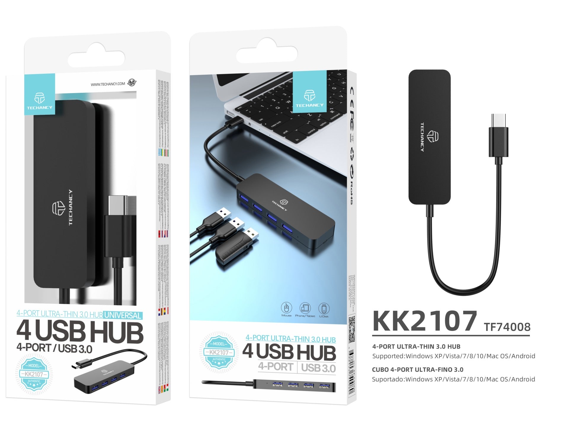 Hub Tipo C a USB 3.0 Techancy KK2107 – 3 Puertos para Mayor Conectividad