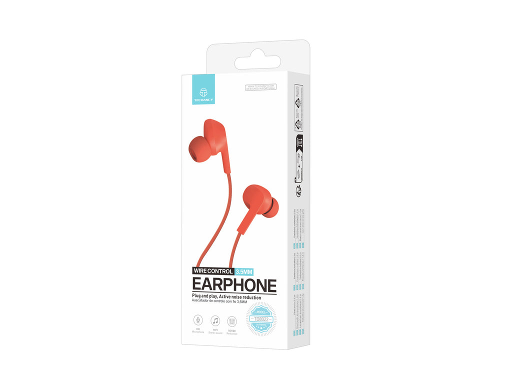 Techancy Audífonos Intrauriculares con Cable Naranja TD8022 – Micrófono Integrado, 3.5mm, Compatible con Smartphones y Tablets