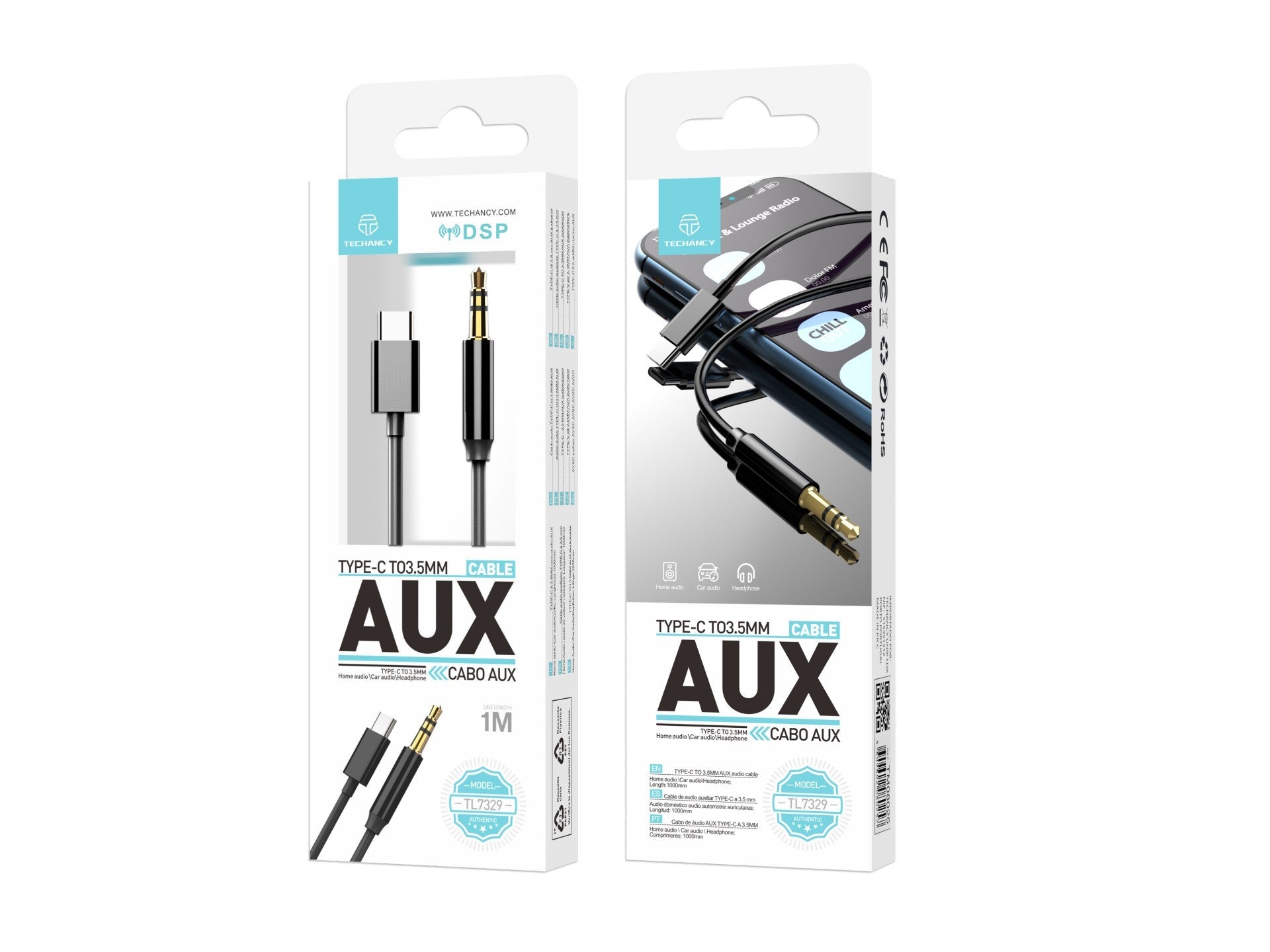Techancy Cable de Audio AUX TL7329 – USB Tipo-C a 3.5mm, 1m, Para Audio Automotivo y Auriculares, Negro