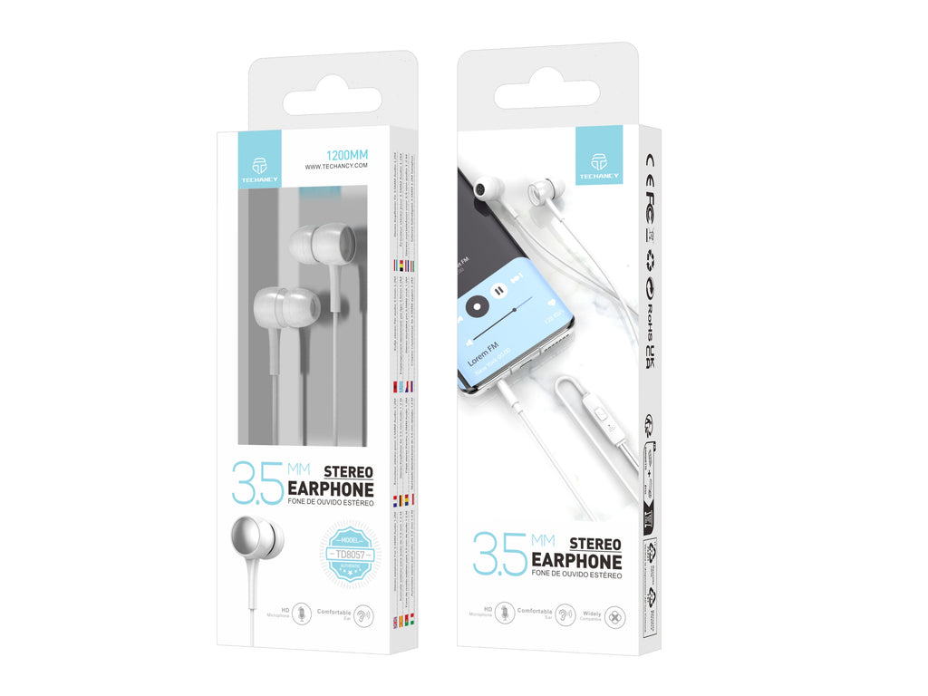 Audífonos Intrauriculares con Cable Techancy TD8057 – Blancos con Micrófono y Conector 3.5mm