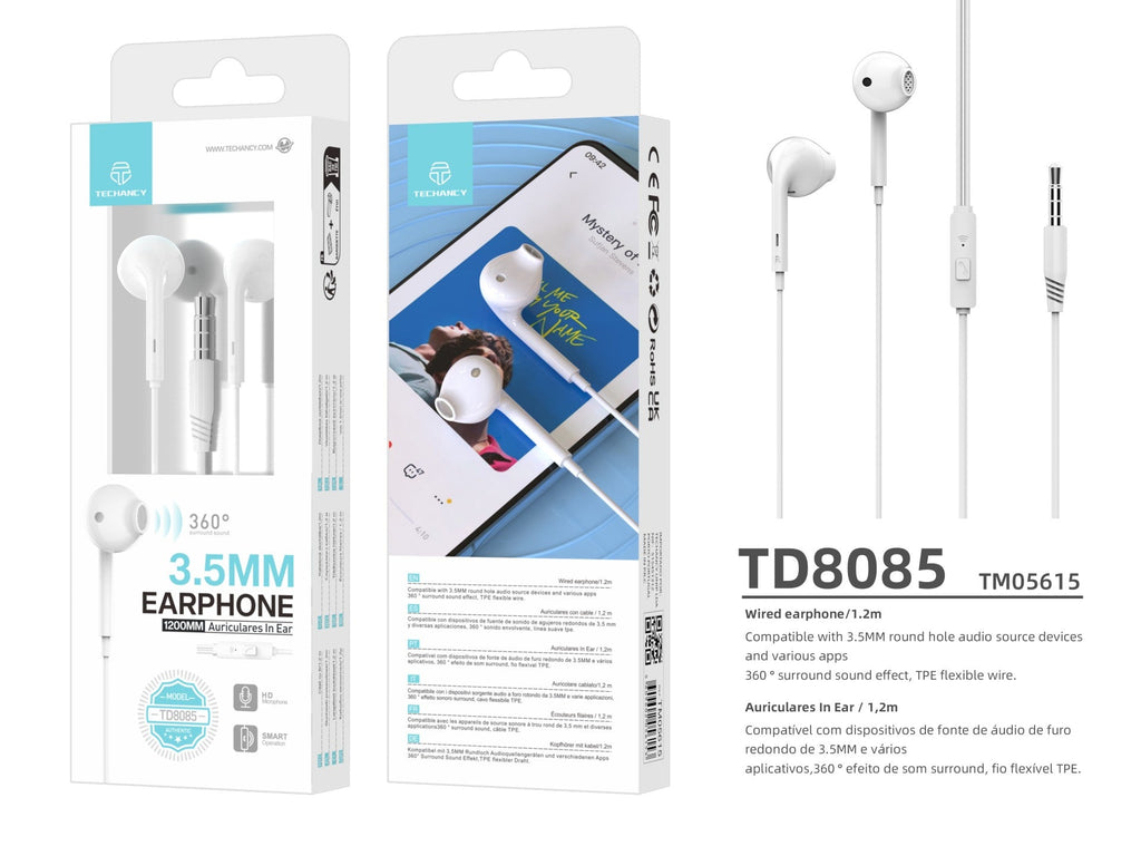 Audífonos Intrauriculares Techancy TD8085 – Blancos con Micrófono y Cable
