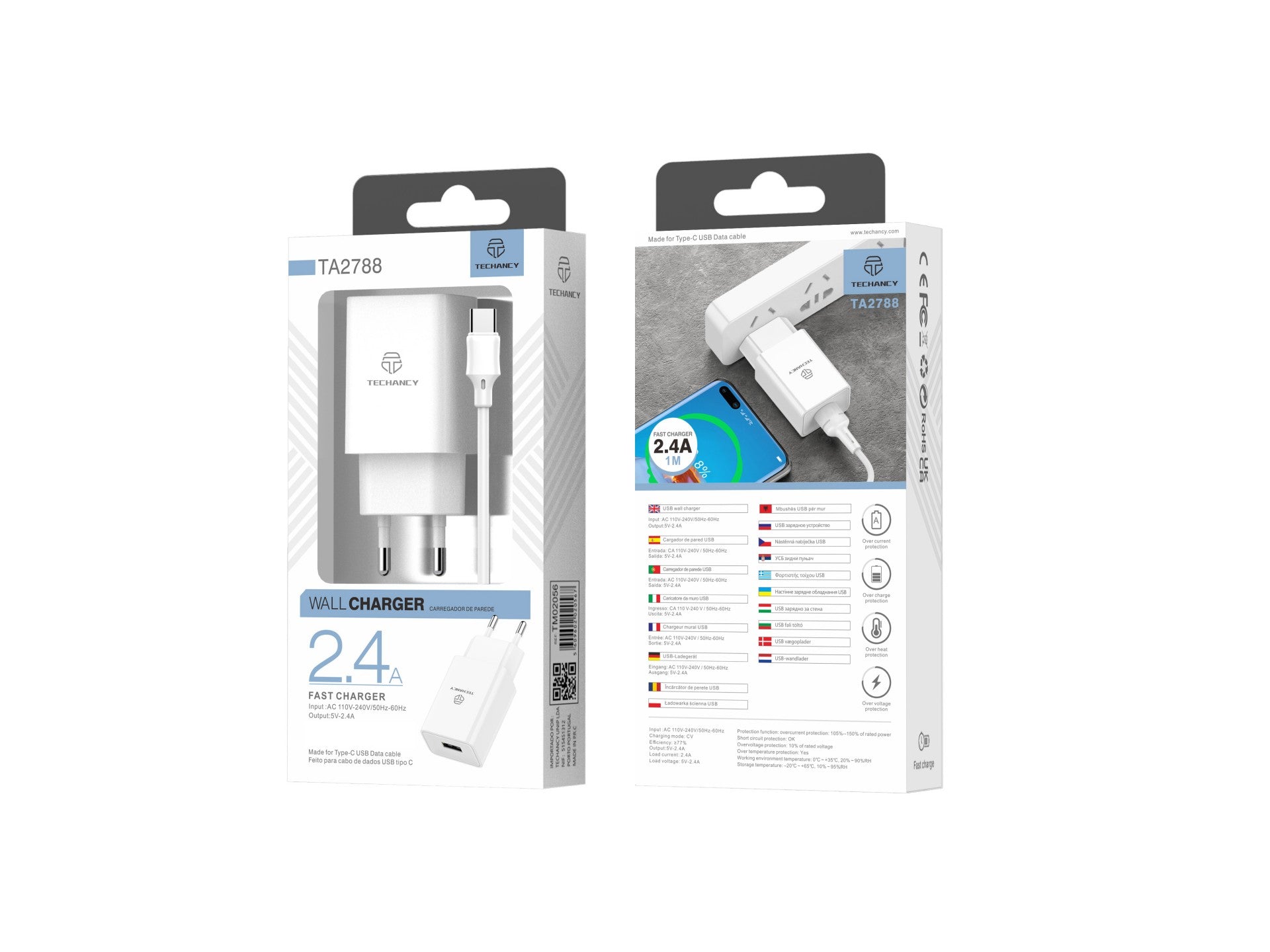 Techancy Cargador de Pared Blanco TA2788 – Salida USB 5V-2.4A con Cable USB Tipo-C 1m