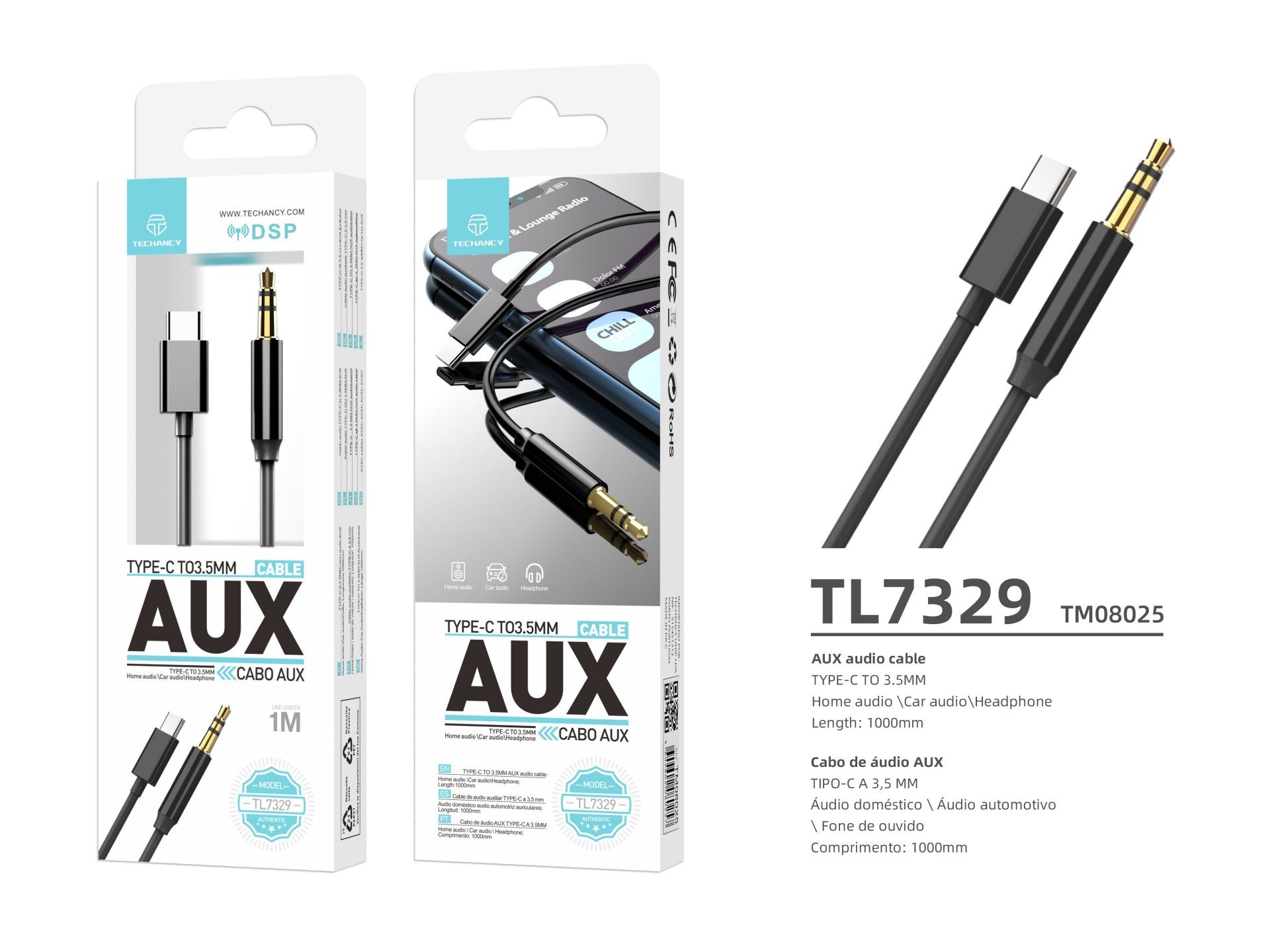 Techancy Cable de Audio AUX TL7329 – USB Tipo-C a 3.5mm, 1m, Para Audio Automotivo y Auriculares, Negro