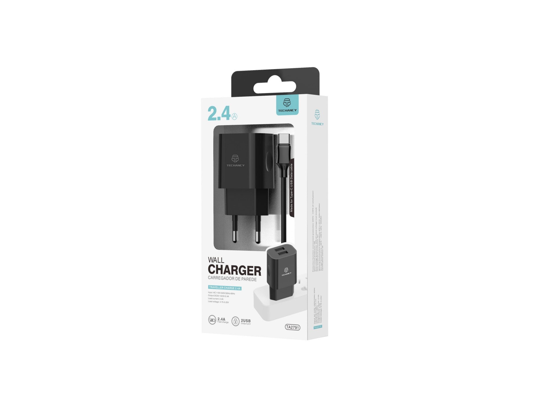 Cargador de Pared Doble USB Techancy TA2791 – Carga Rápida 2.4A con Cable USB-C 1m