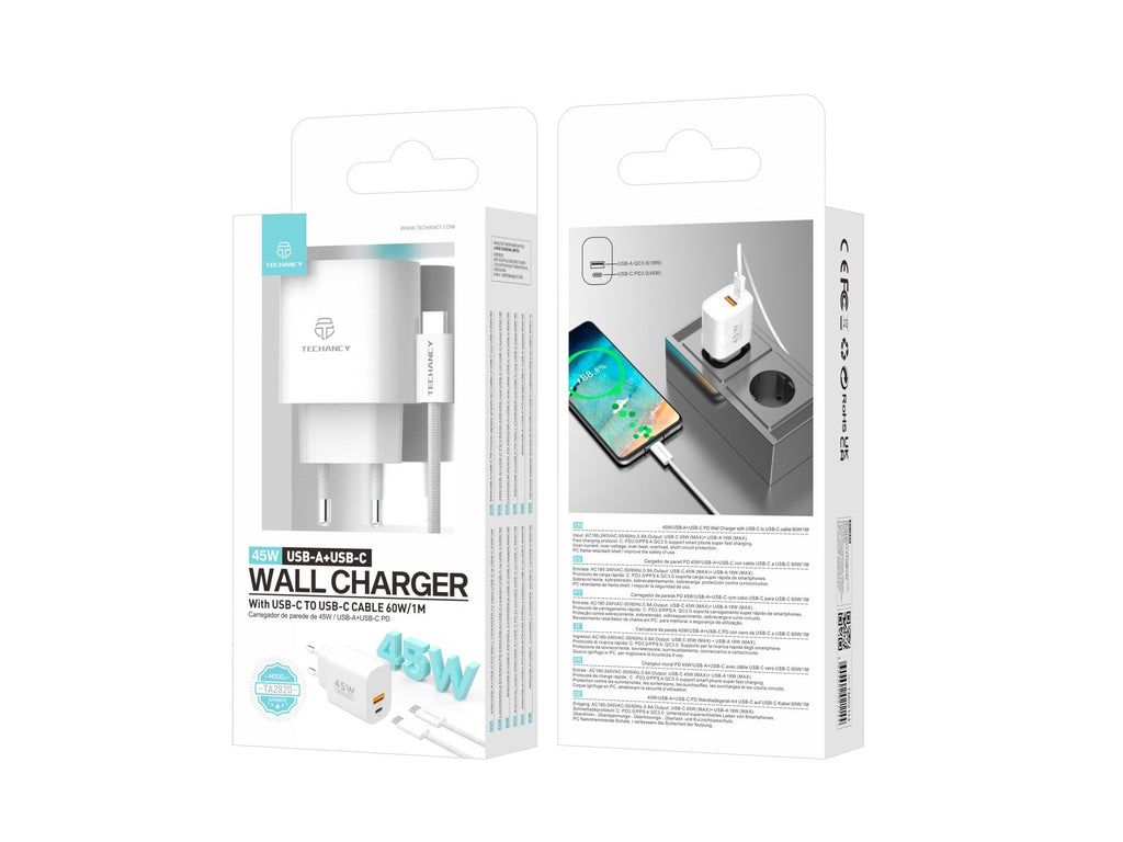 Cargador de Pared USB-A + USB-C Techancy TA2820 – Carga Rápida Doble Puerto
