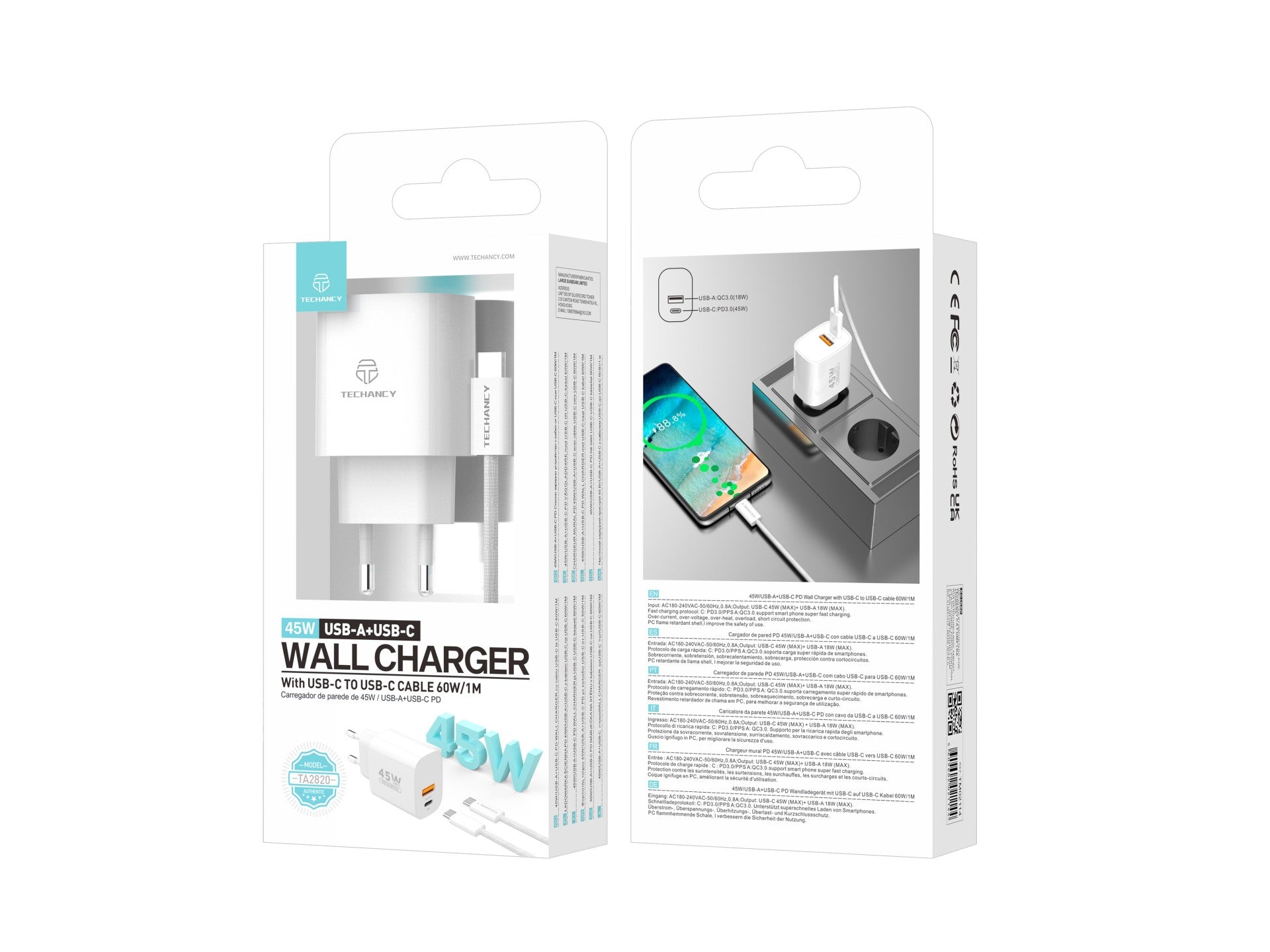 Cargador de Pared USB-A + USB-C Techancy TA2820 – Carga Rápida Doble Puerto