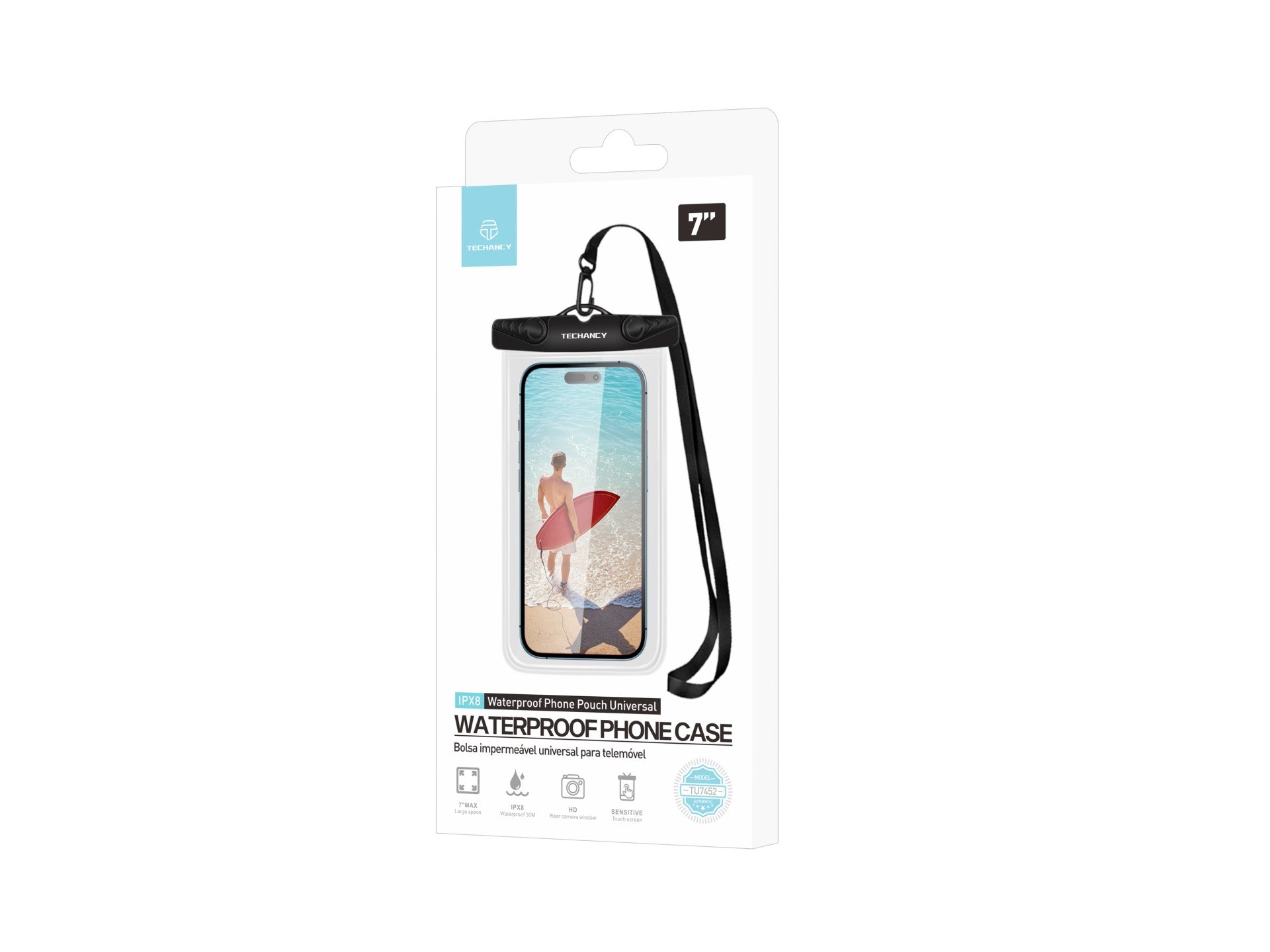Techancy Funda Impermeable para Smartphone TU7451 – 7 Pulgadas, IPX8, Fotos Nítidas, Negro