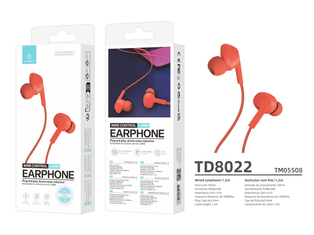 Techancy Audífonos Intrauriculares con Cable Naranja TD8022 – Micrófono Integrado, 3.5mm, Compatible con Smartphones y Tablets