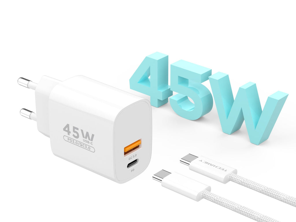 Cargador de Pared USB-A + USB-C Techancy TA2820 – Carga Rápida Doble Puerto