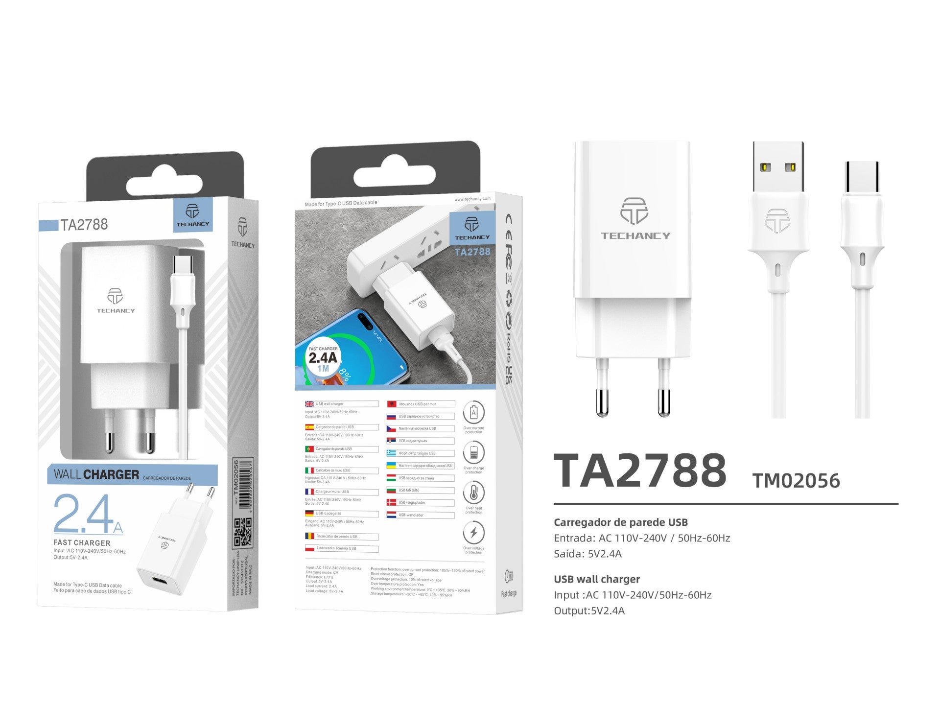 Techancy Cargador de Pared Blanco TA2788 – Salida USB 5V-2.4A con Cable USB Tipo-C 1m