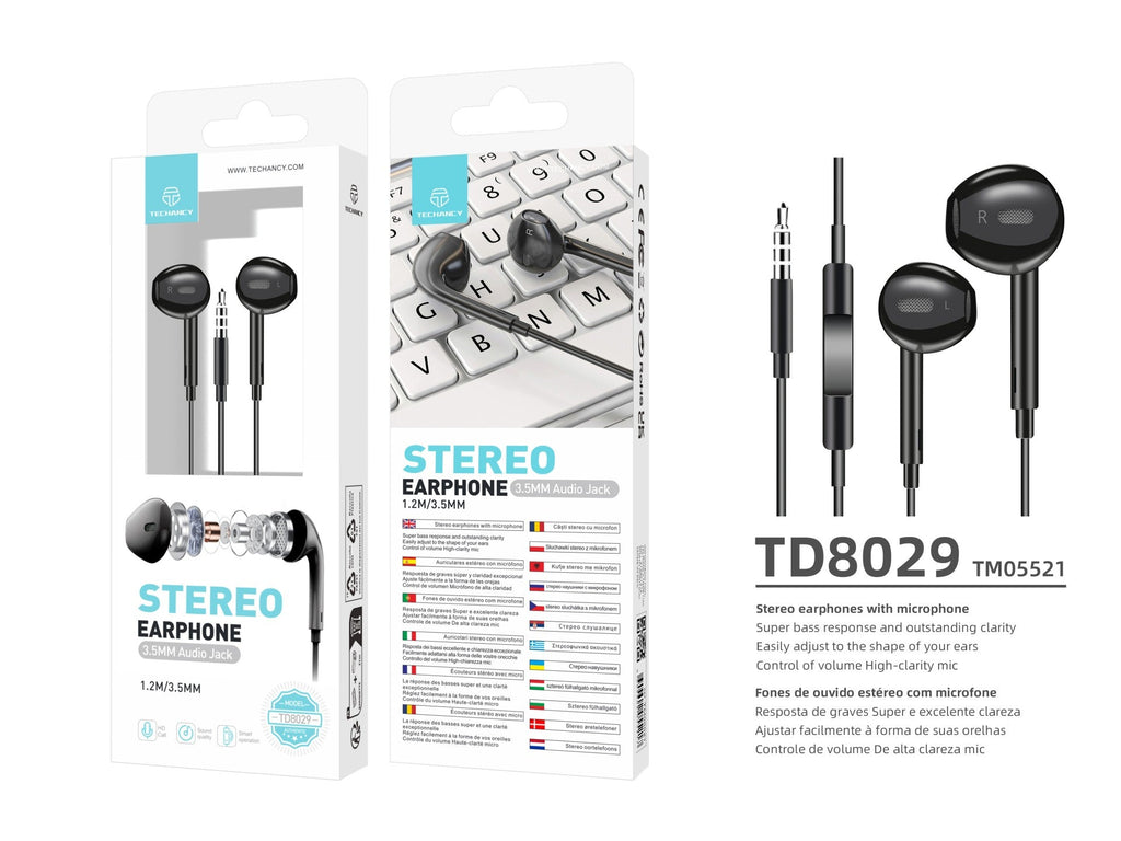 Techancy Audífonos Intrauriculares con Cable Negro TD8029 – 1.2m, Control de Volumen y Micrófono, Conector 3.5mm