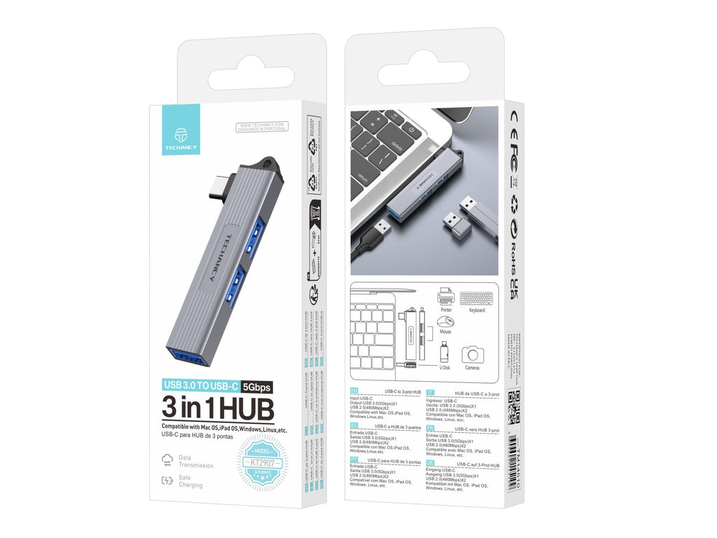 Techancy Hub USB-C a 3 Puertos USB 3.0 KT2907 – Compatible con Mac OS, Windows y Linux, Transferencia de Datos 5Gbps