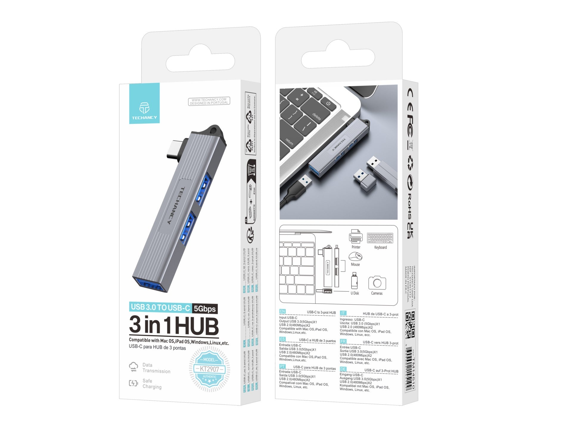 Techancy Hub USB-C a 3 Puertos USB 3.0 KT2907 – Compatible con Mac OS, Windows y Linux, Transferencia de Datos 5Gbps