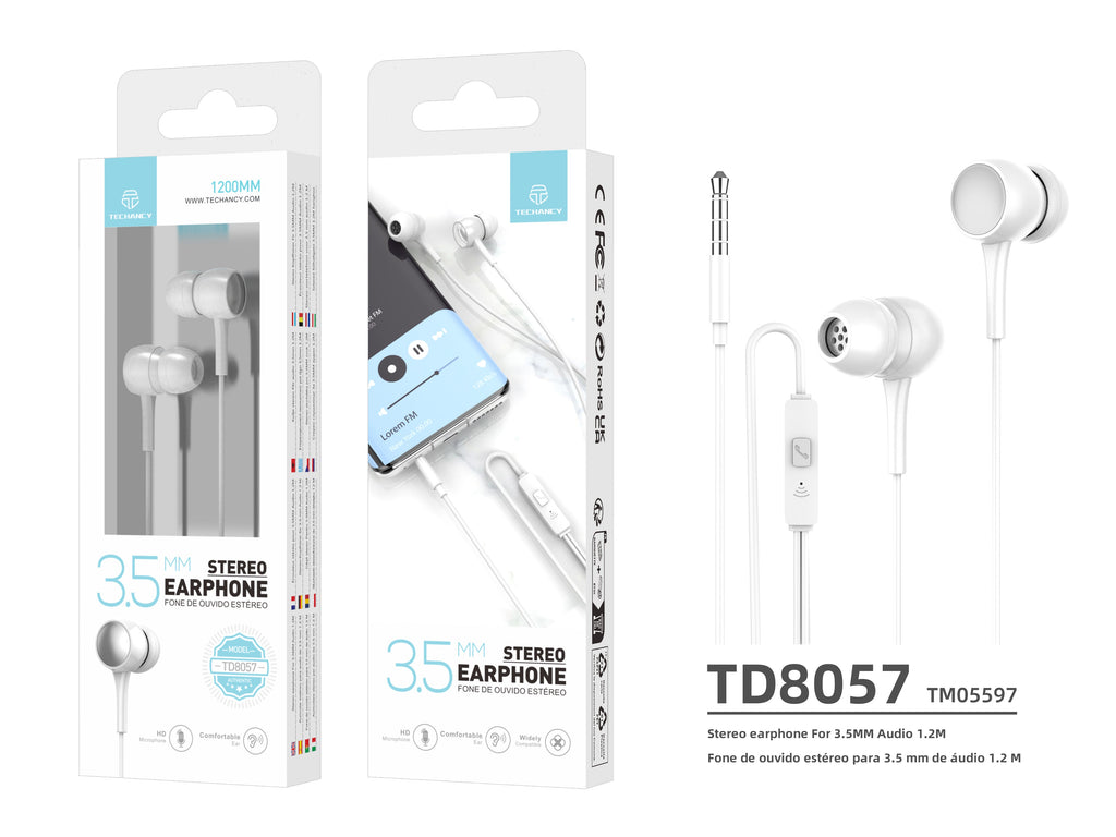 Audífonos Intrauriculares con Cable Techancy TD8057 – Blancos con Micrófono y Conector 3.5mm