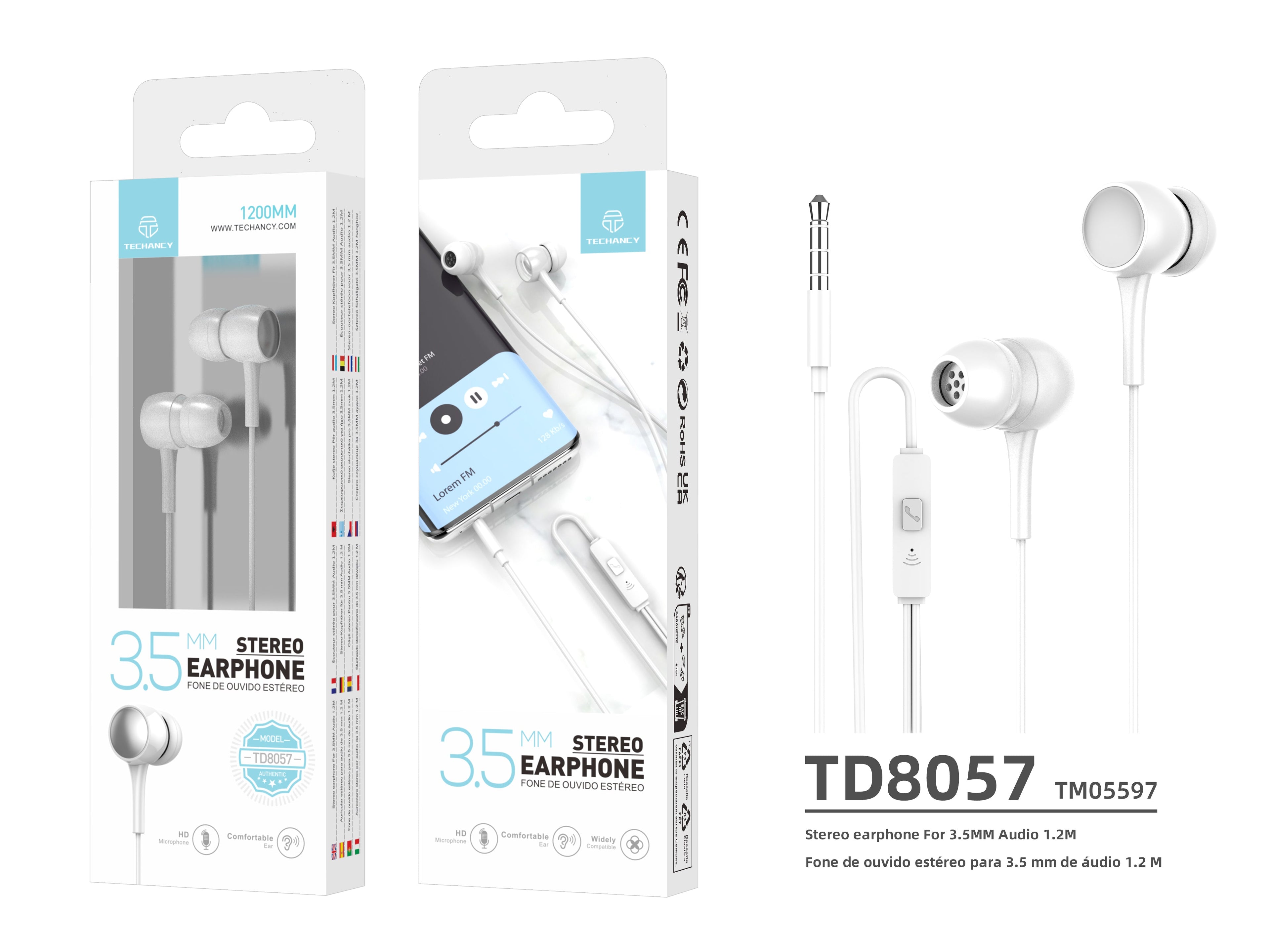 Audífonos Intrauriculares con Cable Techancy TD8057 – Blancos con Micrófono y Conector 3.5mm