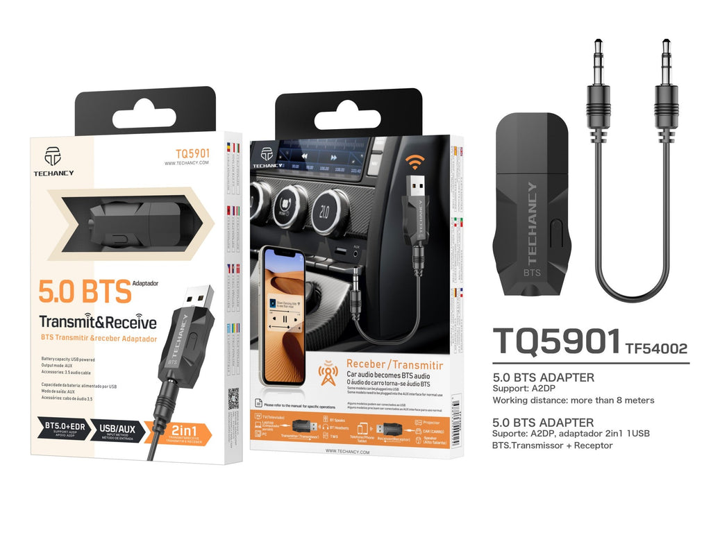 Adaptador Bluetooth Inalámbrico 2 en 1 Techancy TQ5901 – Transmisor y Receptor de Audio