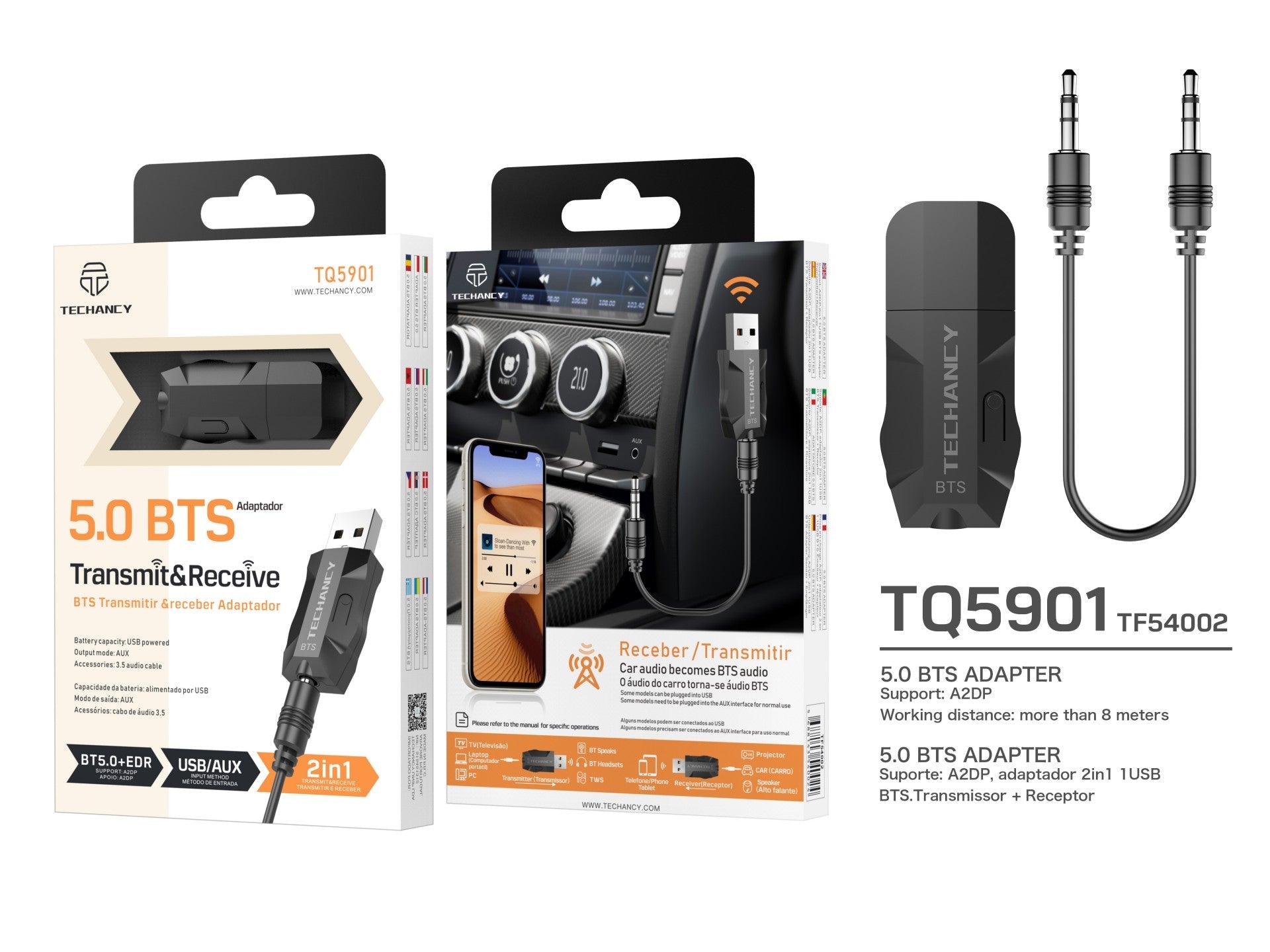 Adaptador Bluetooth Inalámbrico 2 en 1 Techancy TQ5901 – Transmisor y Receptor de Audio